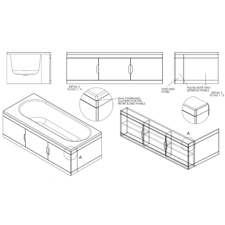 New Haven Right Hand Straight Bath with Storage and Curved Bath Screen - 1700 x 765mm