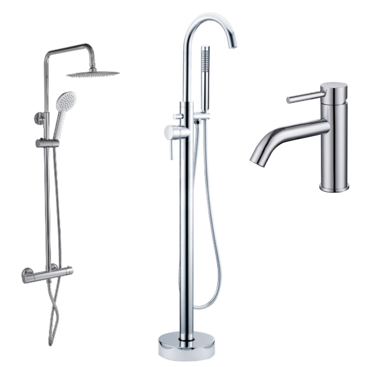 Chrome Mixer Shower with Freestanding Bath and Basin Tap Set - Arissa