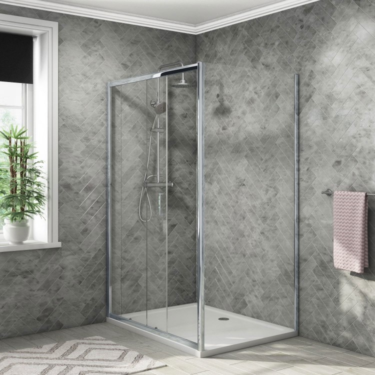 1000 x 900mm Sliding Shower Enclosure with Slim-Line Shower Tray Waste Kit Rina Riser Slide Rail Kit & Thermostatic Valve - Vega