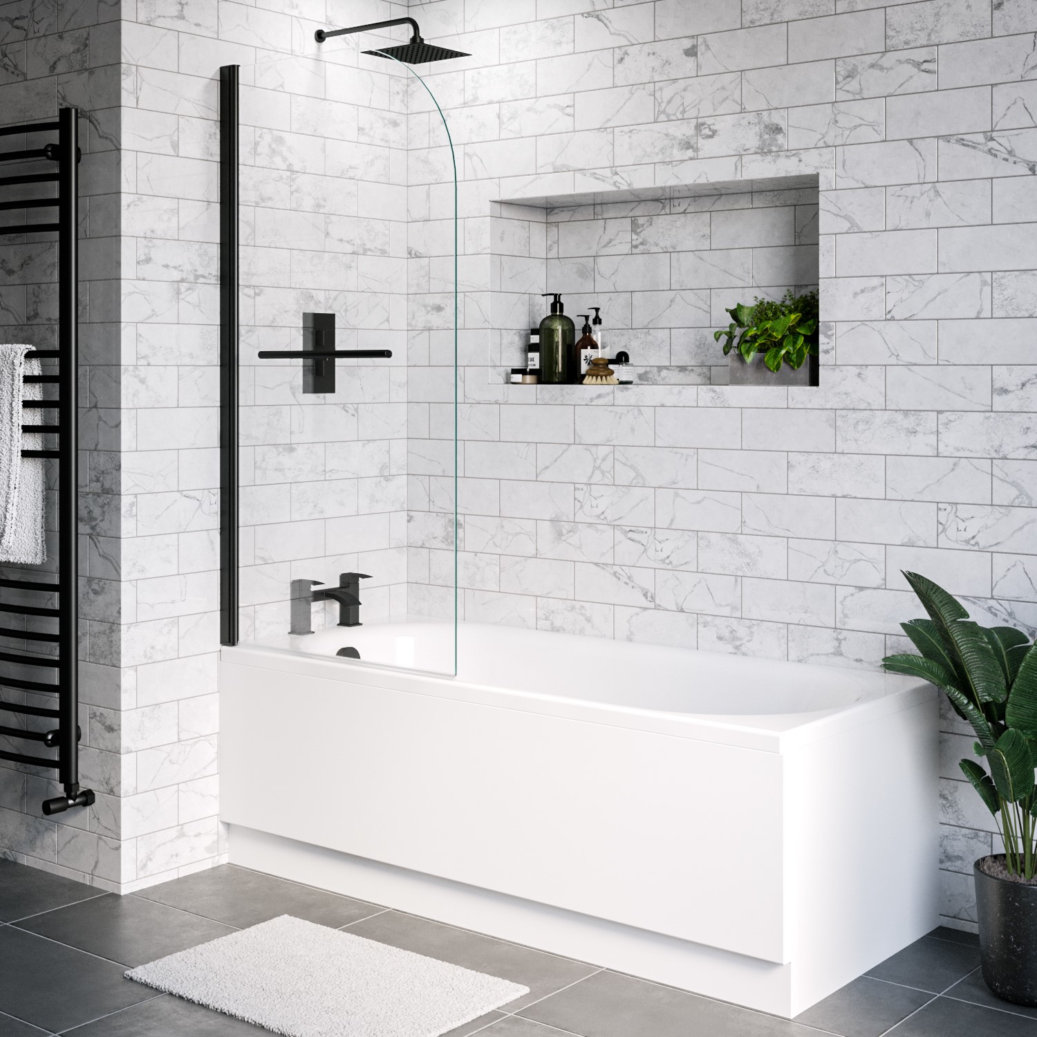 Alton Black Single Ended Shower Bath With Front Panel & Bath Screen With Towel Rail 1600 X 700Mm Size 160