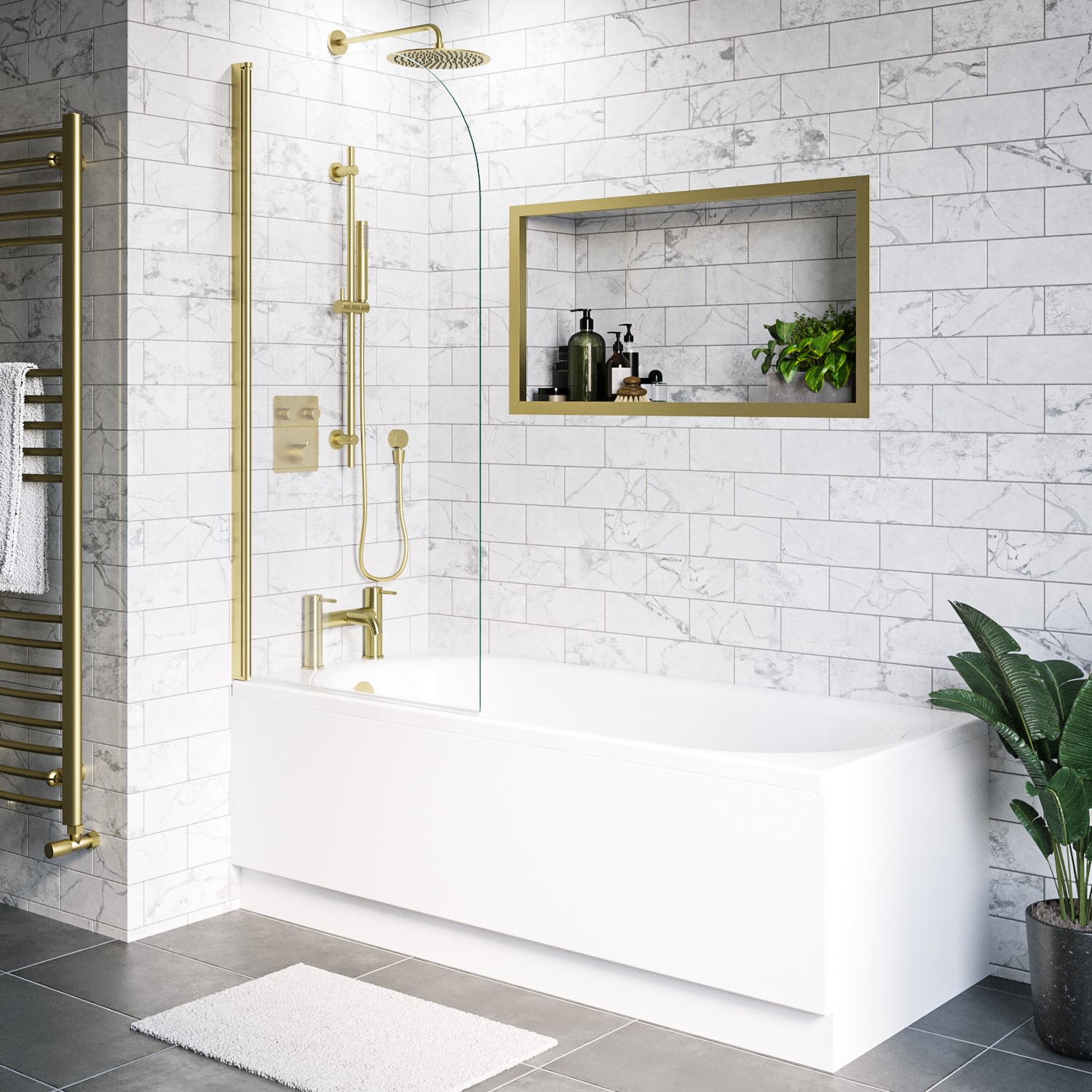 Alton White Single Ended Shower Bath With Front Panel & Brushed Brass Screen 1600 X 700Mm Size 160