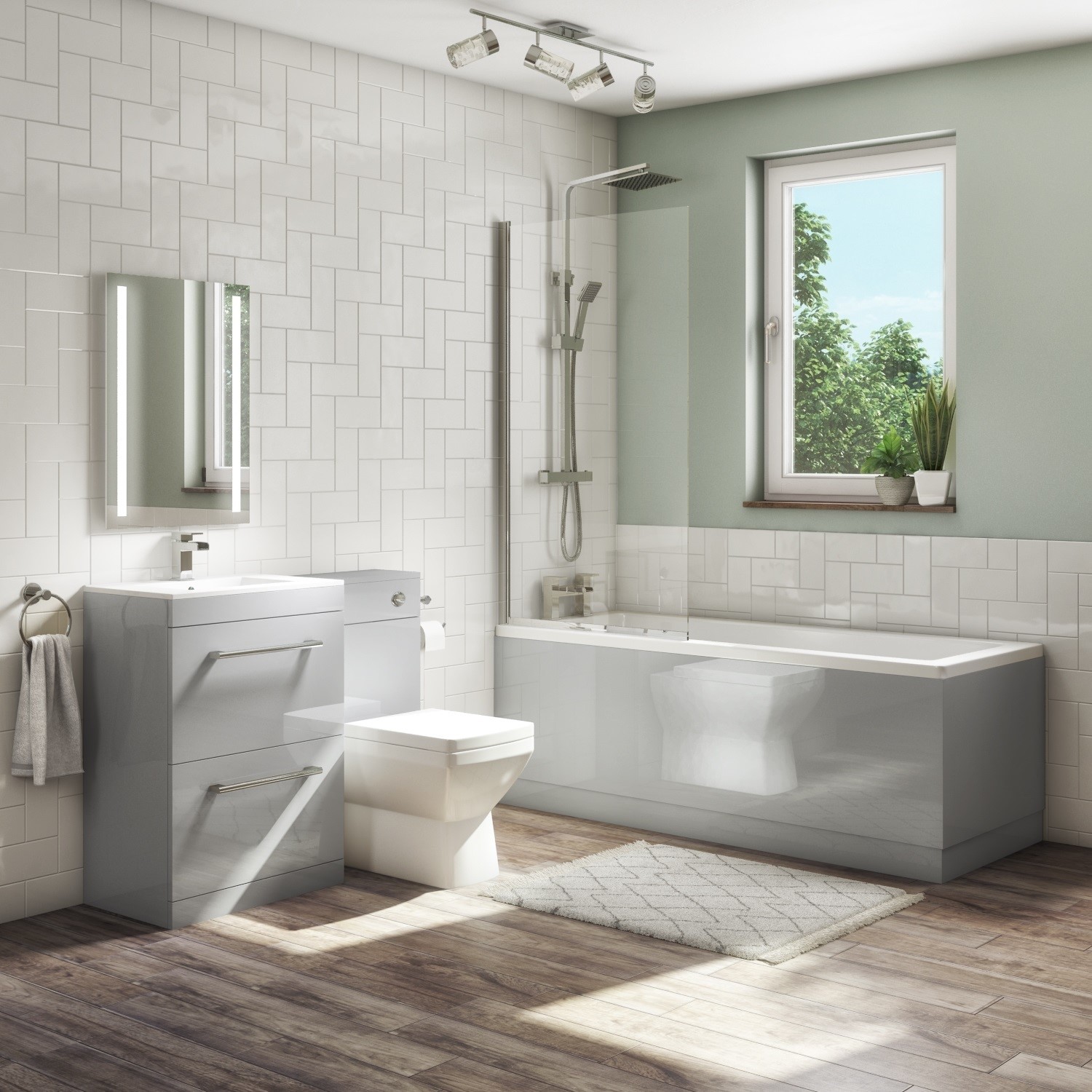 1700mm Straight Bath Suite with Toilet & Basin Vanity Combination Unit Front Panel - Grey - Ashford