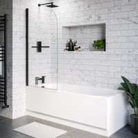 Single Ended Shower Bath with Front Panel & Black Bath Screen with Towel Rail 1700 x 700mm - Alton