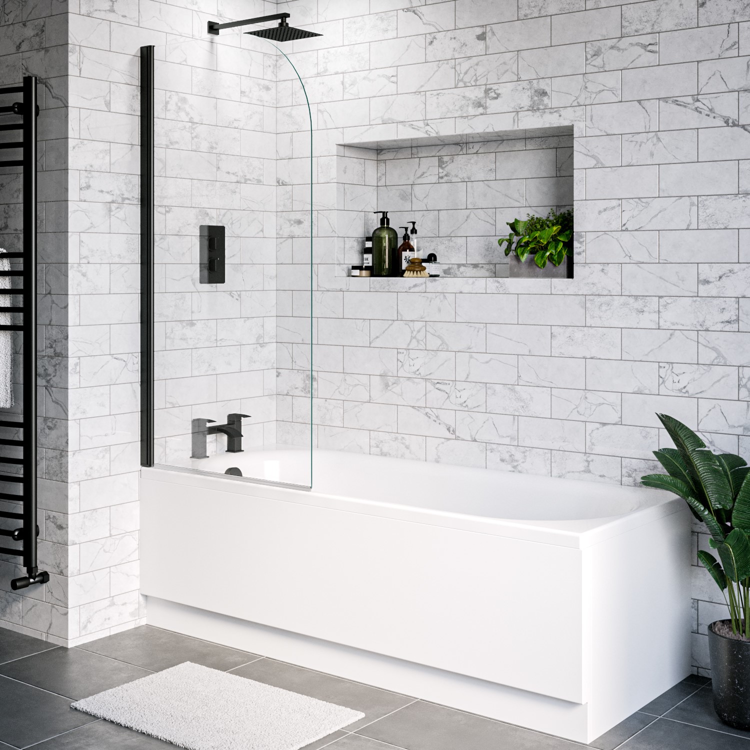 Alton Black Single Ended Shower Bath With Front Panel And Hinged Bath Screen 1700 X 700Mm Size 170