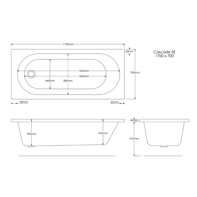 Single Ended Shower Bath with Front Panel and Hinged Black Bath Screen 1700 x 700mm - Alton
