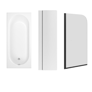 Single Ended Round Bath 1700 x 750mm with Front Panel and 1450mm Hinged Black Bath Screen - Alton