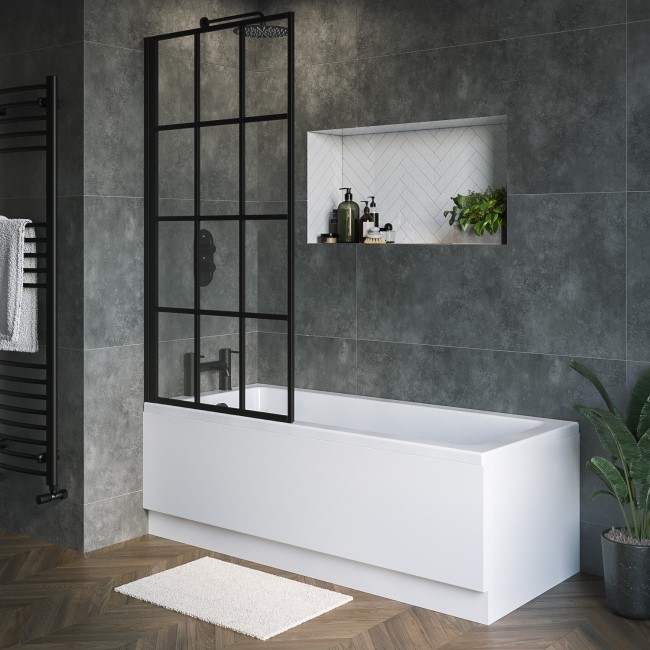 Rutland Single Ended Square Bath with Front Panel & Black Grid Screen - Left Hand 1600 x 700