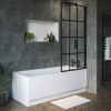 Rutland Single Ended Square Bath with Front Panel &amp; Black Grid Screen - Right Hand 1600 x 700