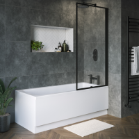 Single Ended Shower Bath with Front Panel & Black Framed Bath Screen 1600 x 700mm - Rutland Single Ended Shower Bath with Front Panel & Black Framed Bath Screen 1600 x 700mm - Rutland