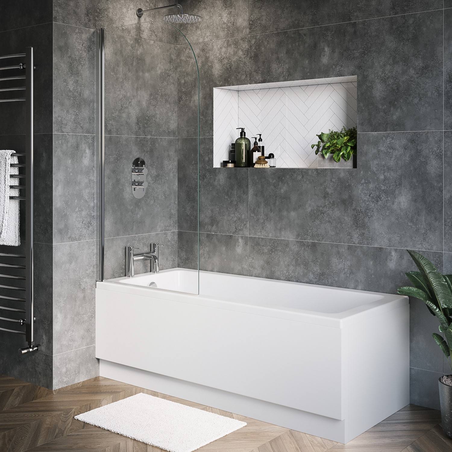 Rutland White Single Ended Shower Bath With Front Panel & Hinged Chrome Bath Screen 1700 X 700Mm Size 170