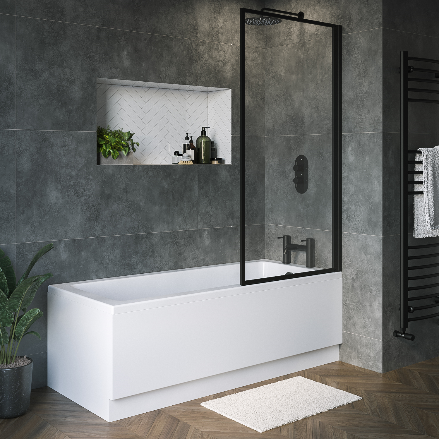 Rutland Black Single Ended Shower Bath With Front Panel & Framed Bath Screen 1700 X 700Mm Size 170