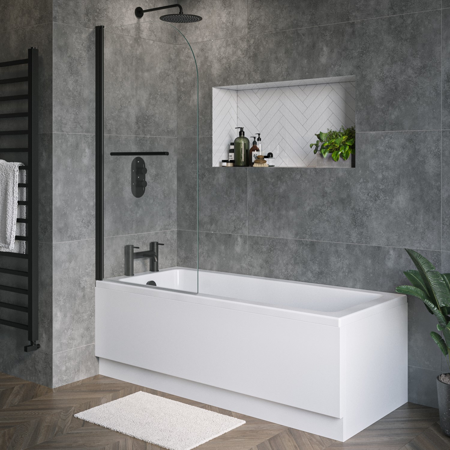 Rutland Black Single Ended Shower Bath With Front Panel & Bath Screen With Towel Rail 1700 X 700Mm Size 170
