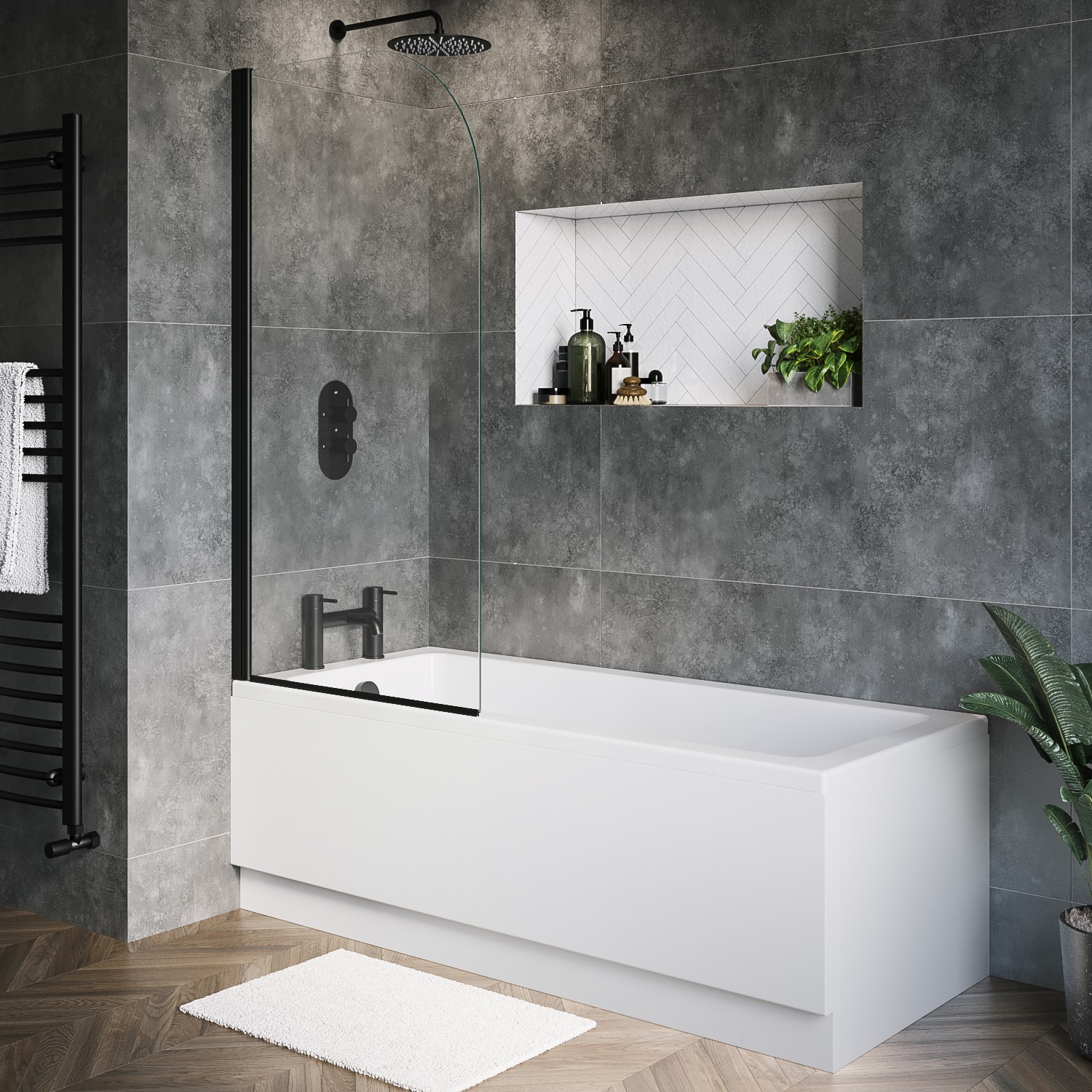Rutland Black Single Ended Shower Bath With Front Panel & Bath Screen 1700 X 700Mm Size 170