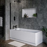 1700 x 750 Rutland Single Ended Round Bath with Hinged 1450mm 6mm Matt Black Bath Screen and Front Panel