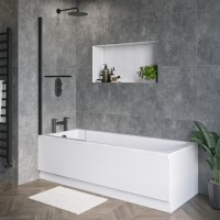 Single Ended Shower Bath with Front Panel & Black Bath Screen with Towel Rail 1800 x 800mm - Rutland Single Ended Shower Bath with Front Panel & Black Bath Screen with Towel Rail 1800 x 800mm - Rutland