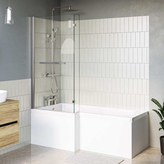 L Shape Shower Bath Left Hand with Front Panel & Chrome Bath Screen with Towel Rail 1500 x 850mm - Lomax