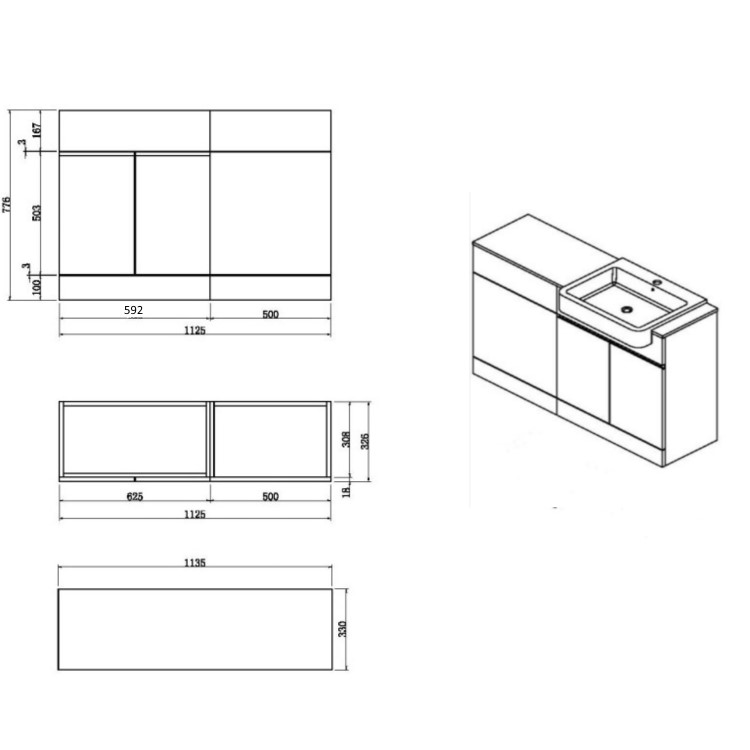 Bali Matt Grey Toilet and Basin Vanity Combination Unit and Right Hand L Shape Bath Suite 