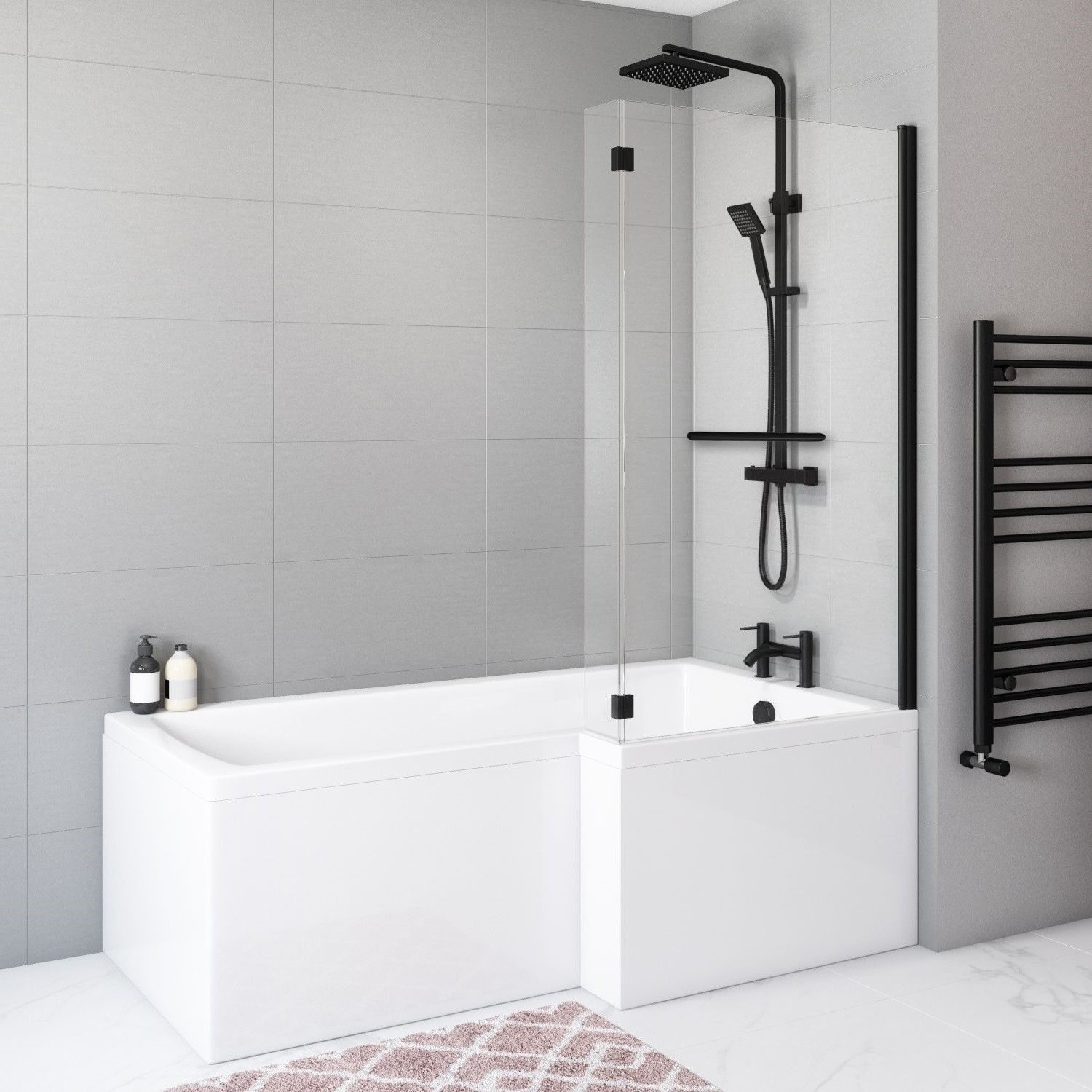 L-Shaped Shower Bath Left Hand 1700 x 850mm White Acrylic Modern Bathroom Tub - Picture 21 of 23