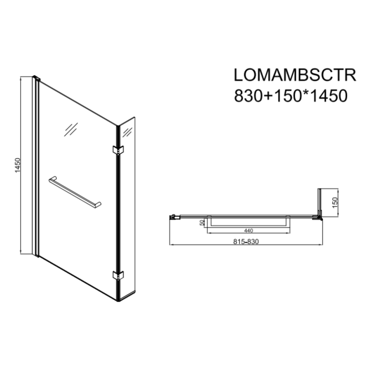 Lomax 1500 x 850 L Shaped Shower Bath Right Hand with Front Panel & Matt Black Bath Screen with Towel Rail