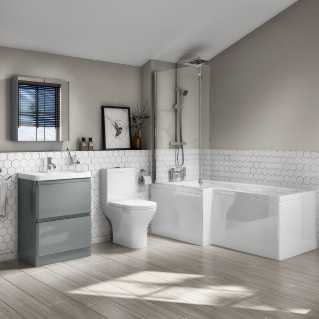 Left Hand L-Shaped Bath Portland Close Coupled & 600mm Medium Grey Gloss Floorstanding Vanity Unit