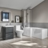 L-Shaped Left Hand Bath Suite with Close Coupled Toilet and Floorstanding Dark Grey Vanity Unit - Portland