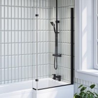 L Shaped Shower Bath with Front Panel & Black Bath Screen, Right Hand 1700 x 850mm - Lomax