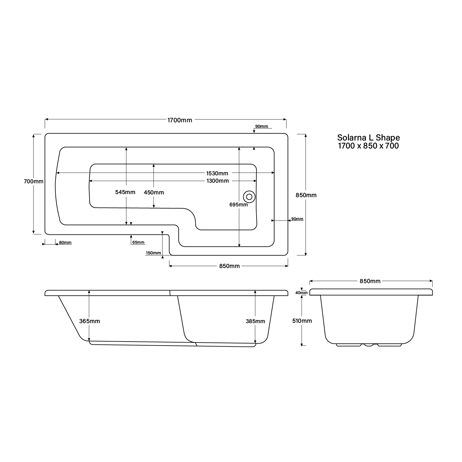 L-Shaped Shower Bath Left Hand 1700 x 850mm White Acrylic Modern Bathroom Tub - Picture 23 of 23