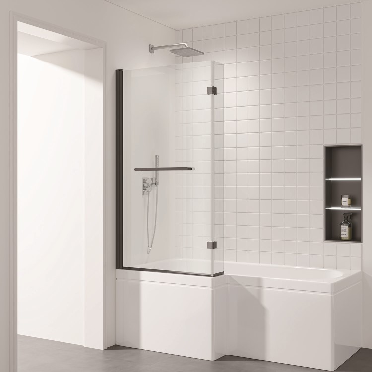 L Shape Shower Bath Right Hand with Front Panel & Black Bath Screen with Towel Rail 1700 x 850mm - Lomax