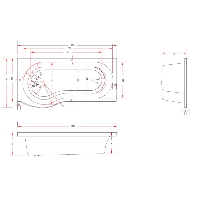 Portland Left Hand P Shape Shower Bath with Front Panel - 1700 x 850mm
