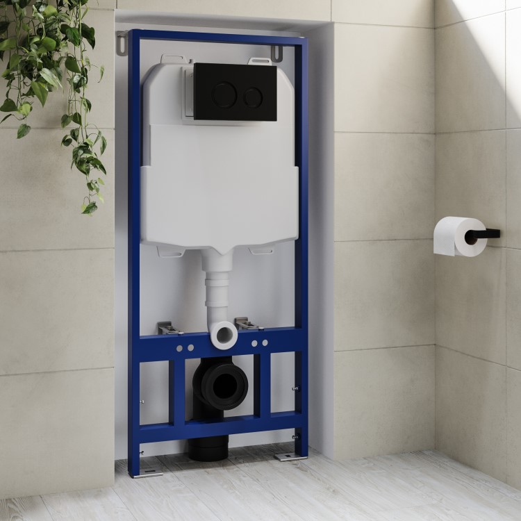 Wall Hung Smart Bidet Japanese Toilet with Heated Seat & 1160mm Frame Cistern and Black Pneumatic Flush Plate - Purificare