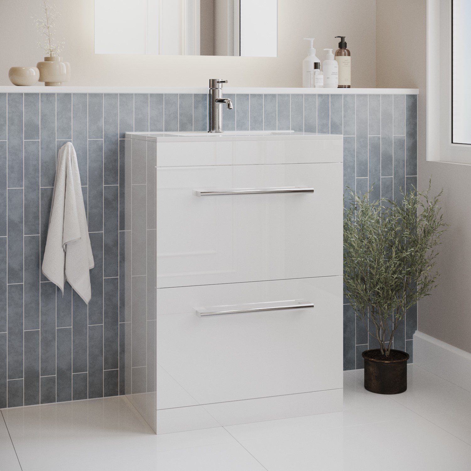 600mm White Freestanding Vanity Unit with Basin and 2 Drawers - Ashford
