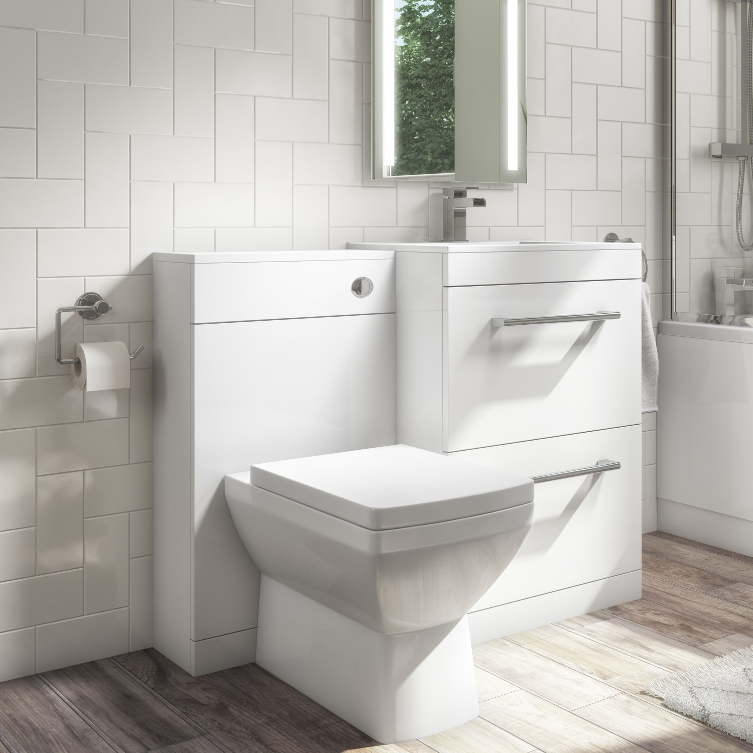 1100mm White Toilet and Sink Unit with Square Toilet - Ashford