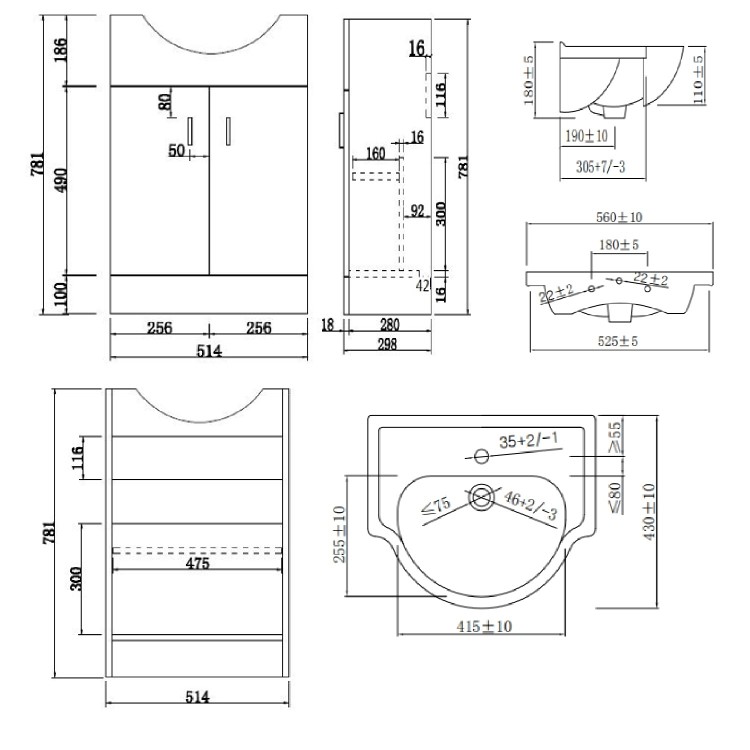 570mm White Freestanding Vanity Unit with Basin - Classic