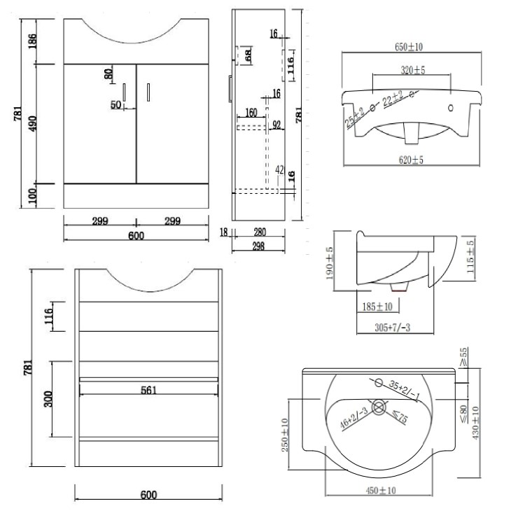 650mm White Freestanding Vanity Unit with Basin - Classic