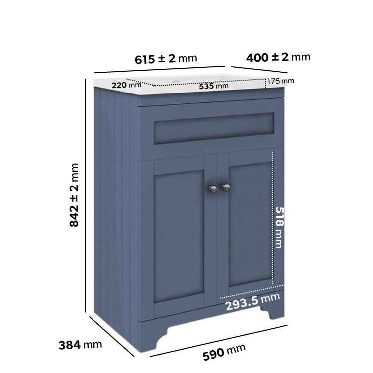 600mm Blue Freestanding Vanity Unit with Basin - Baxenden
