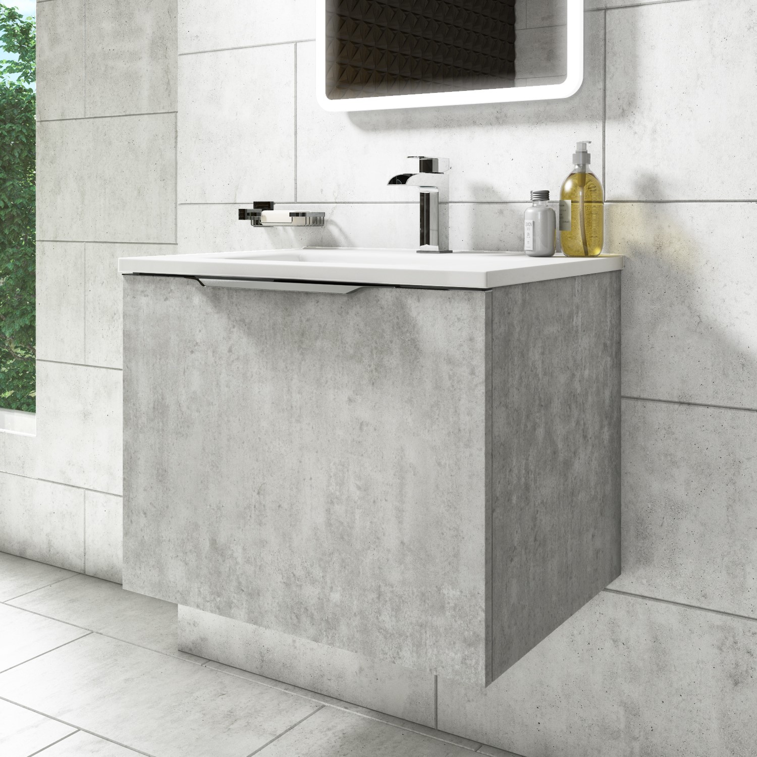 600mm Concrete Effect Wall Hung Vanity Unit with Basin - Sion