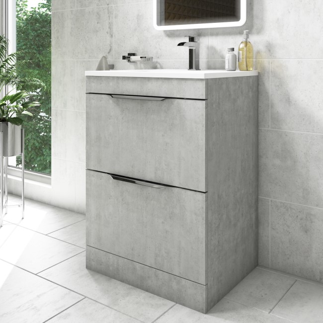 600mm Concrete Effect Freestanding Vanity Unit with Gloss Basin - Sion