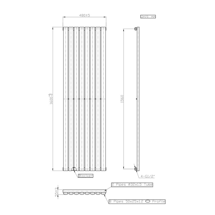 Anthracite Vertical Single Panel Radiator 1600 x 480mm - Margo