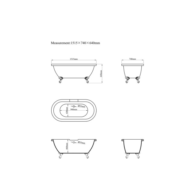 Freestanding Double Ended Roll Top Bath with White Feet 1515 x 740mm - Park Royal