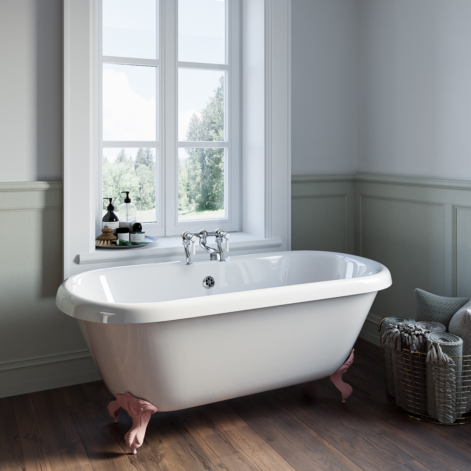 Freestanding Double Ended Roll Top Bath with Pink Feet 1515 x 740mm - Park Royal