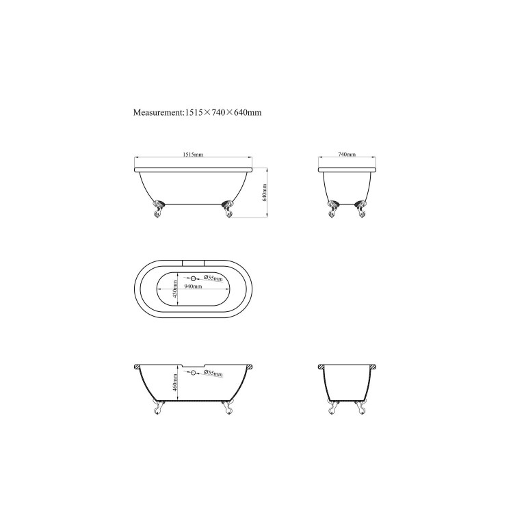 Freestanding Double Ended Roll Top Bath with Bronze Feet 1515 x 740mm - Park Royal
