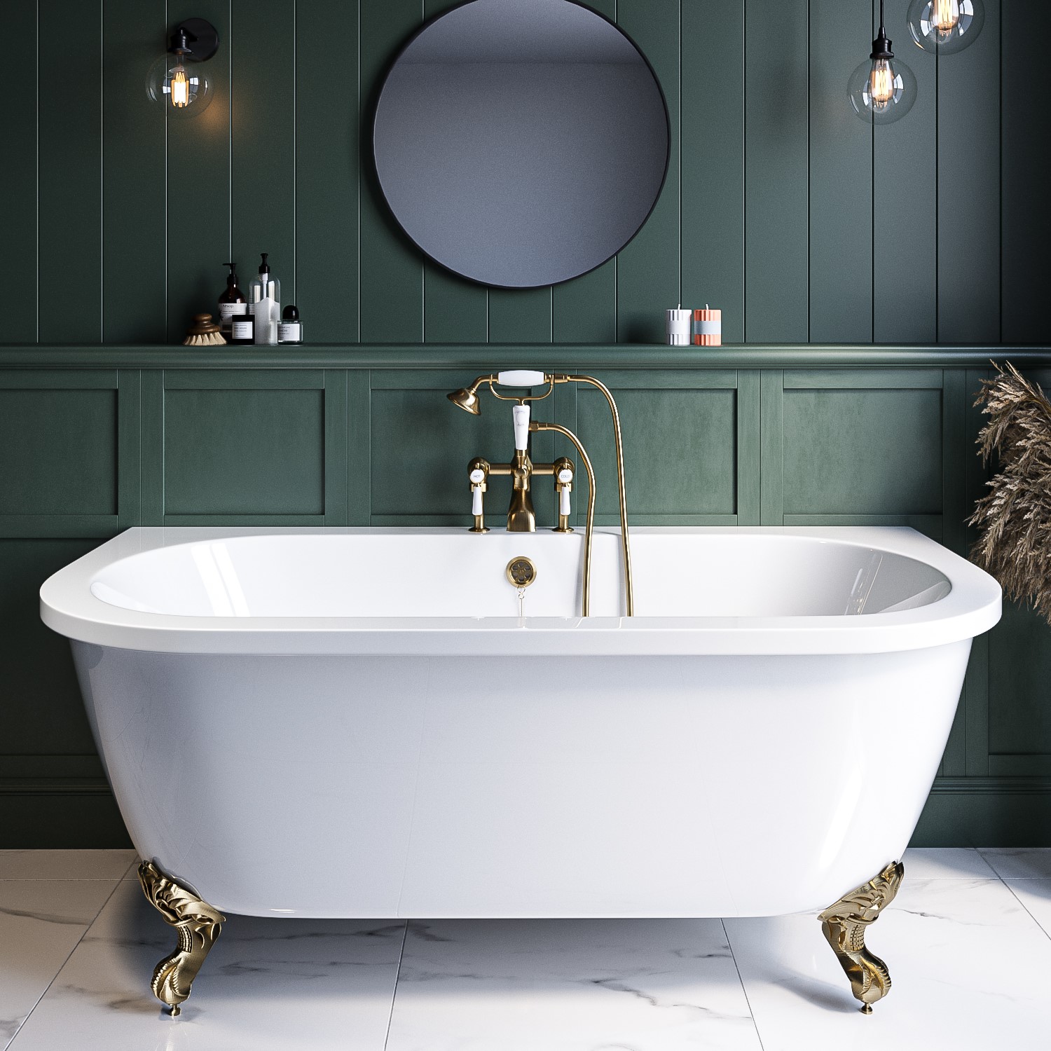 Freestanding Double Ended Back to Wall Bath with Brushed Brass Feet 1700 x 745mm - Park Royal