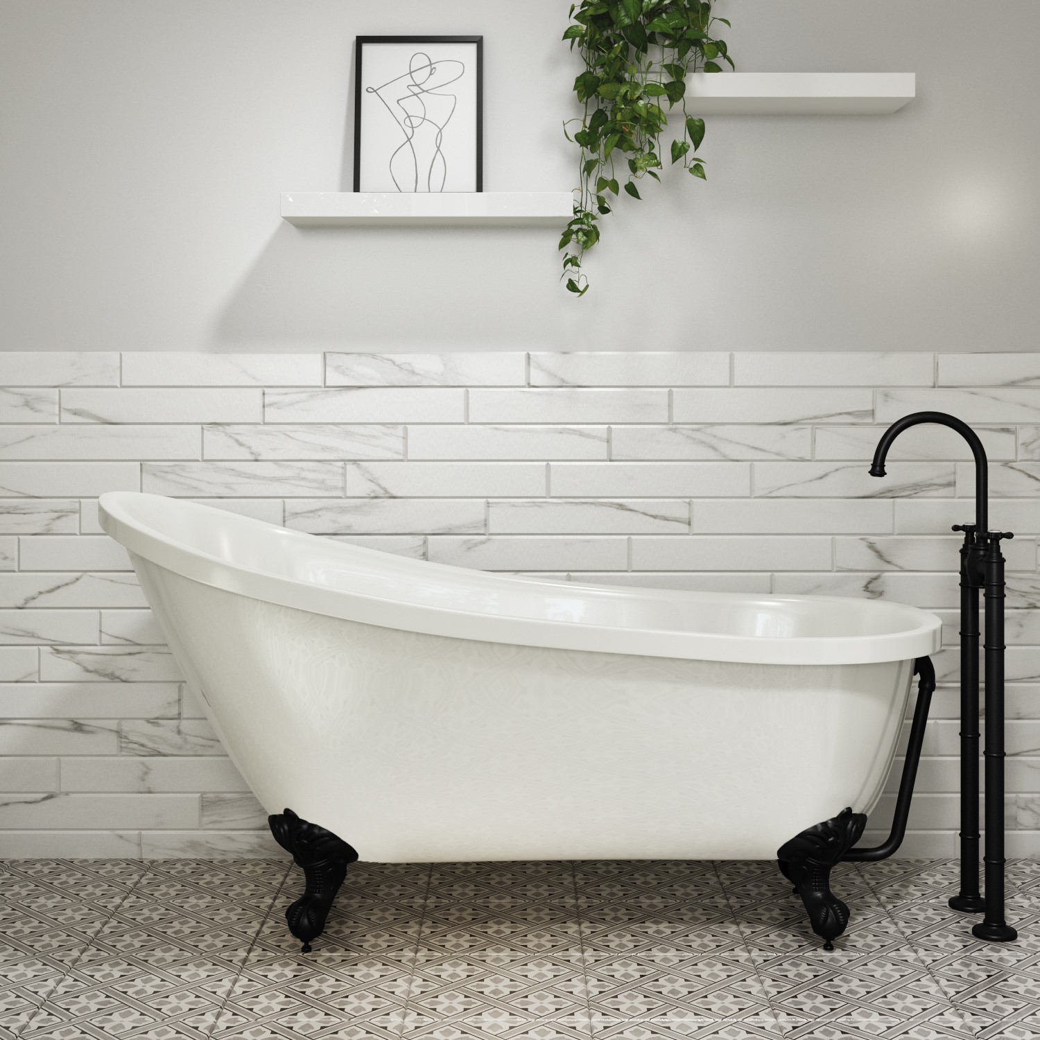 Freestanding Single Ended Roll Top Slipper Bath with Black Feet 1625 x 695mm - Lunar