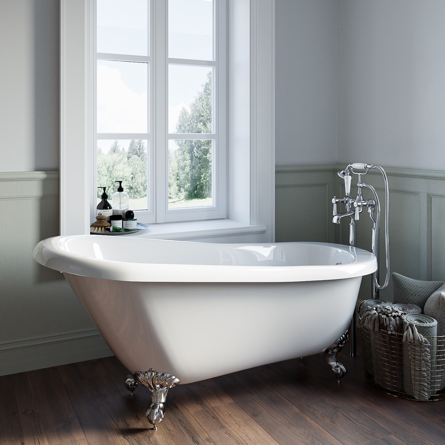 Park Royal White Freestanding Single Ended Roll Top Slipper Bath With Chrome Feet 1555 X 725Mm Size 155