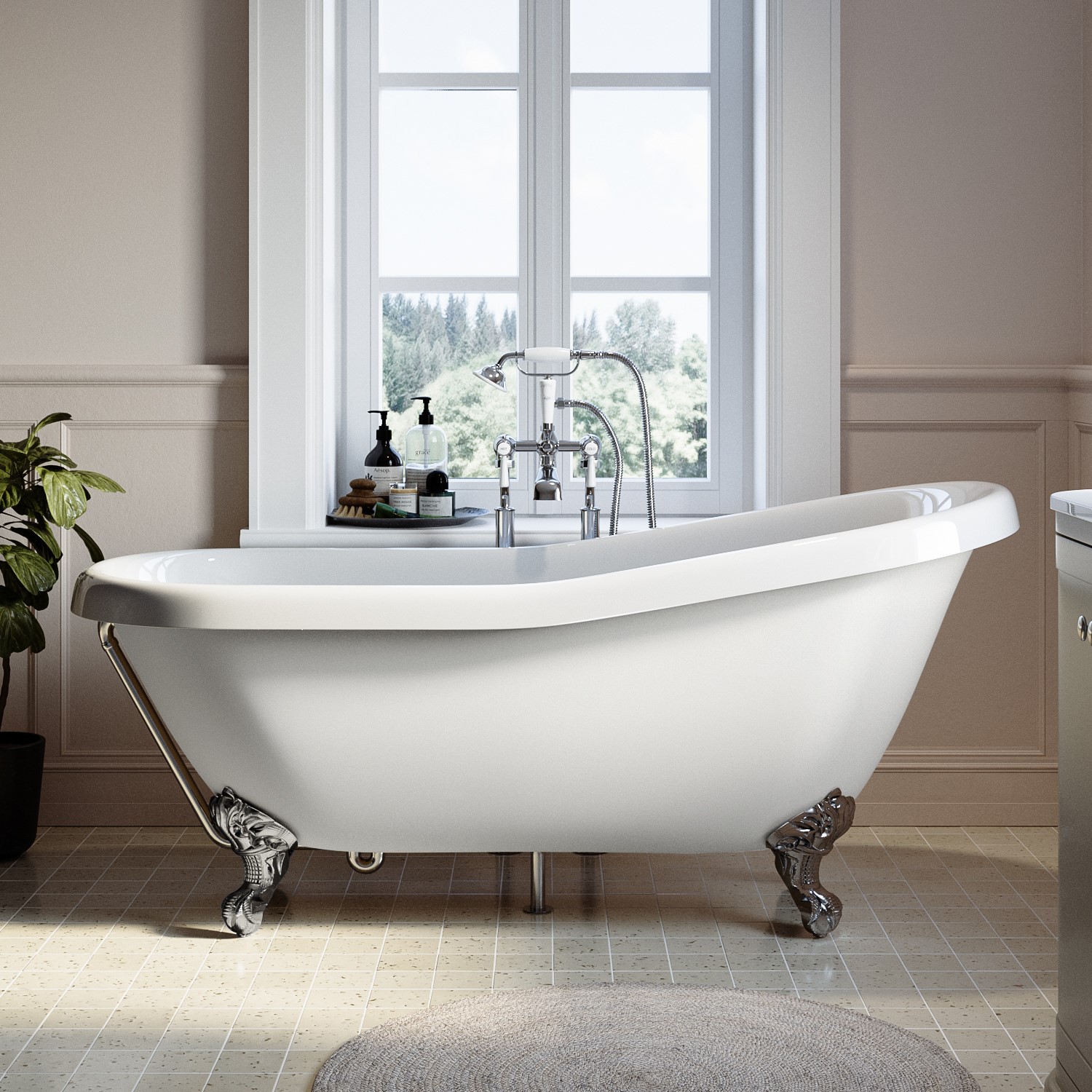 Freestanding Single Ended Roll Top Slipper Bath Chrome Feet 1555 x 725mm
