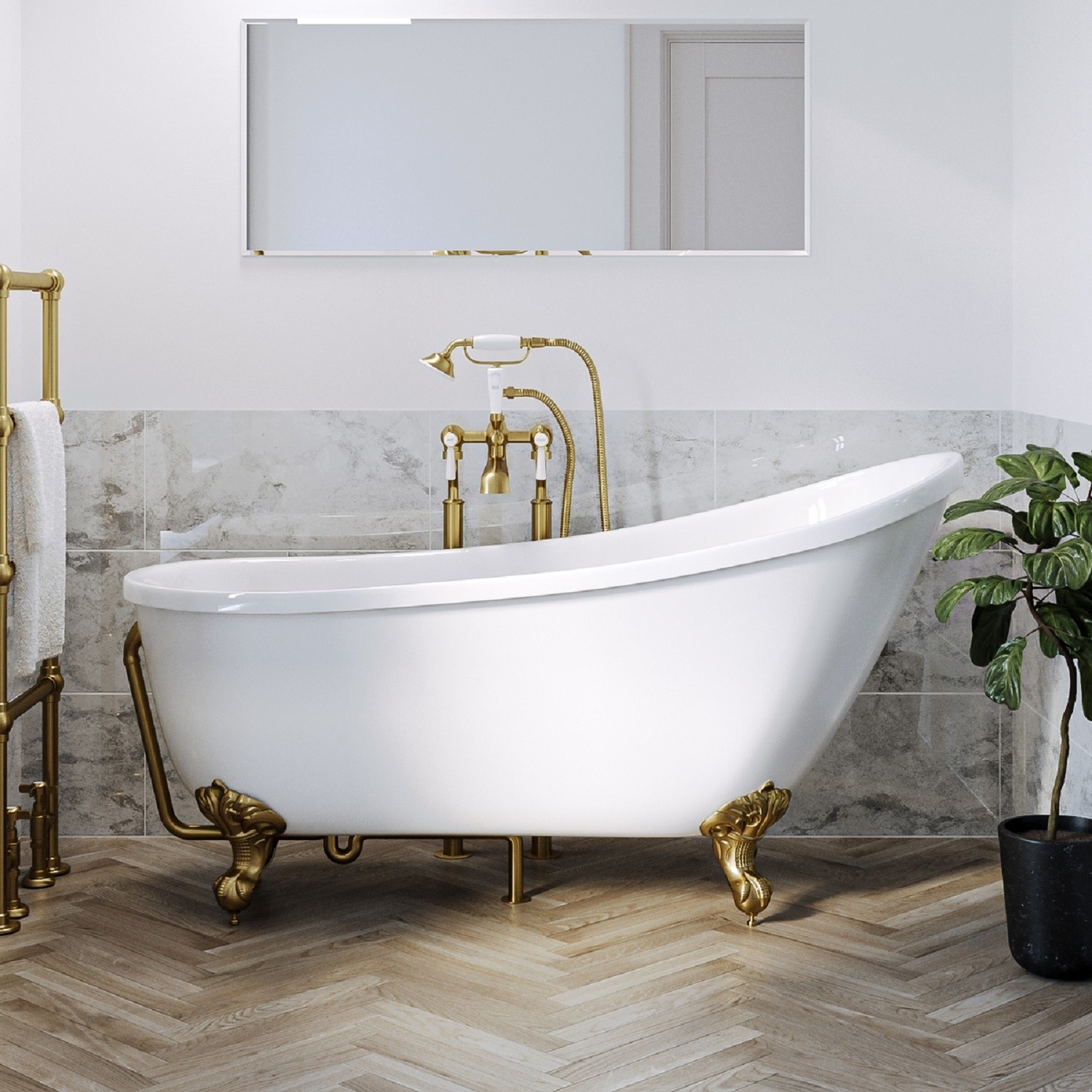 Park Royal White Freestanding Single Ended Roll Top Slipper Bath With Brushed Brass Feet 1550 X 725Mm Size 155