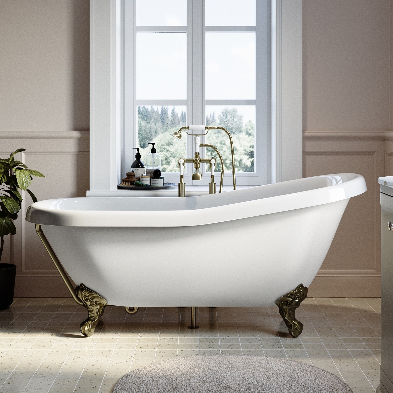 Park Royal White Freestanding Single Ended Roll Top Slipper Bath With Brushed Brass Feet 1550 X 725Mm