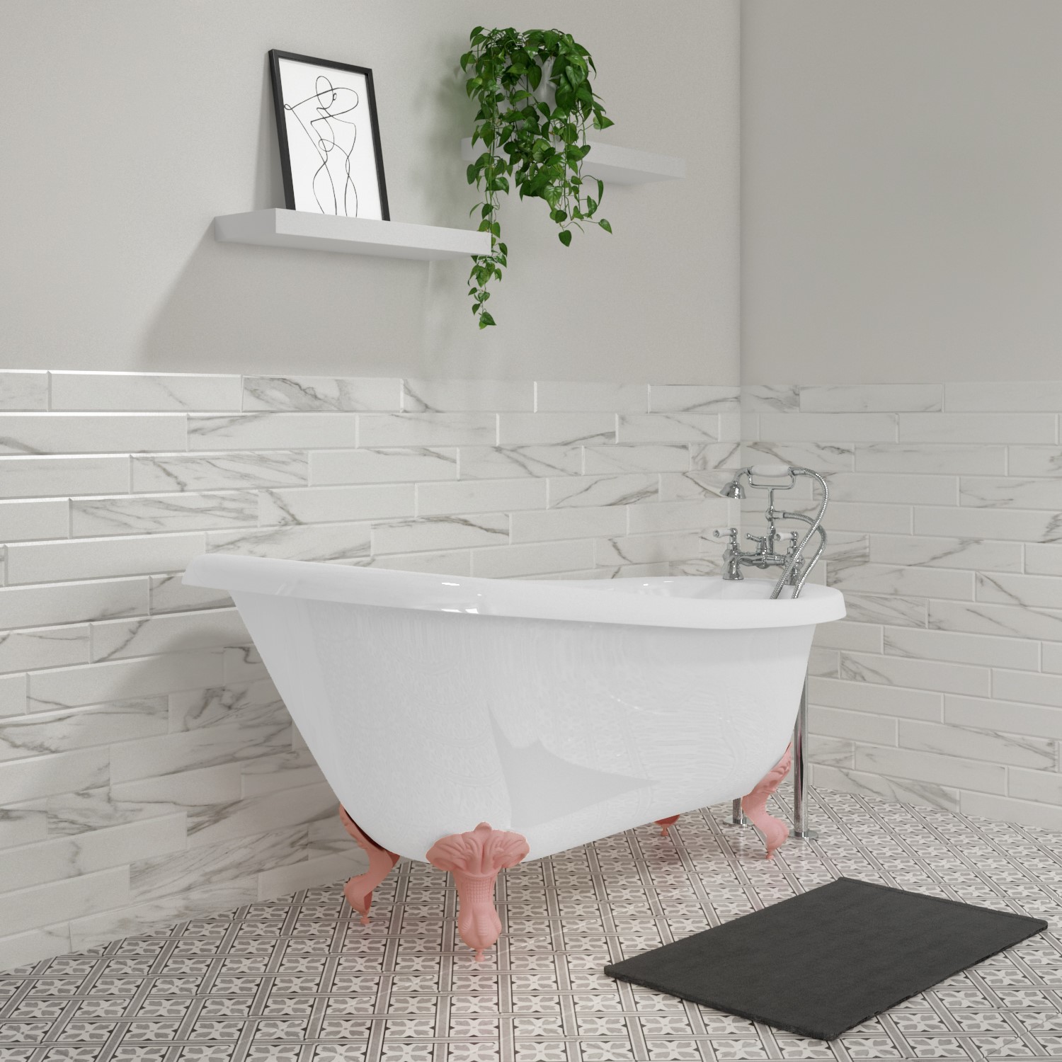 Freestanding Single Ended Roll Top Slipper Bath with Pink Feet 1550 x 725mm - Park Royal
