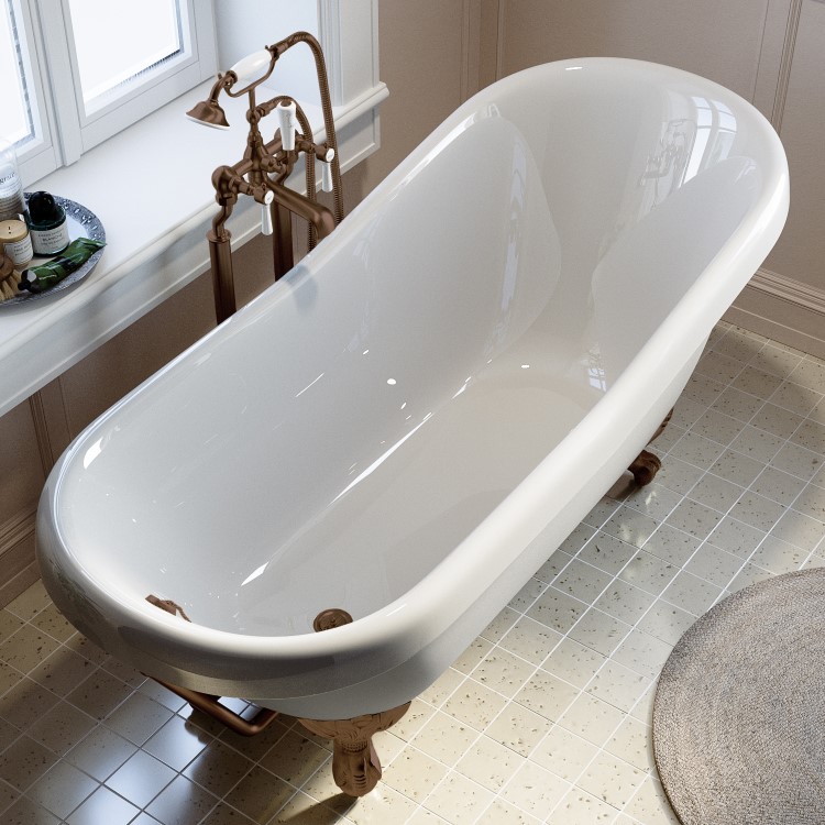 Freestanding Single Ended Roll Top Slipper Bath with Brushed Bronze Feet 1555 x 725mm - Park Royal