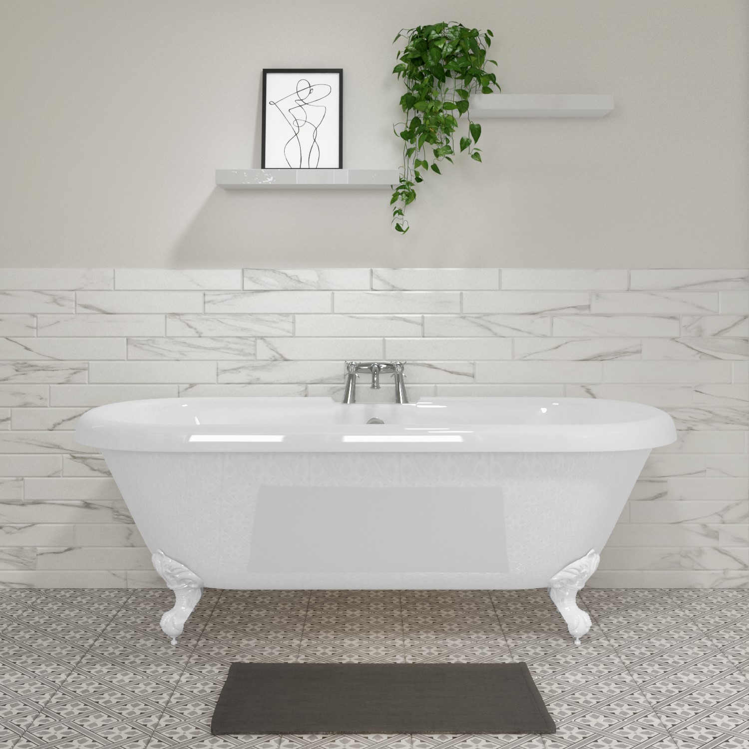Freestanding Double Ended Roll Top Bath with White Feet 1795 x 785mm - Park Royal